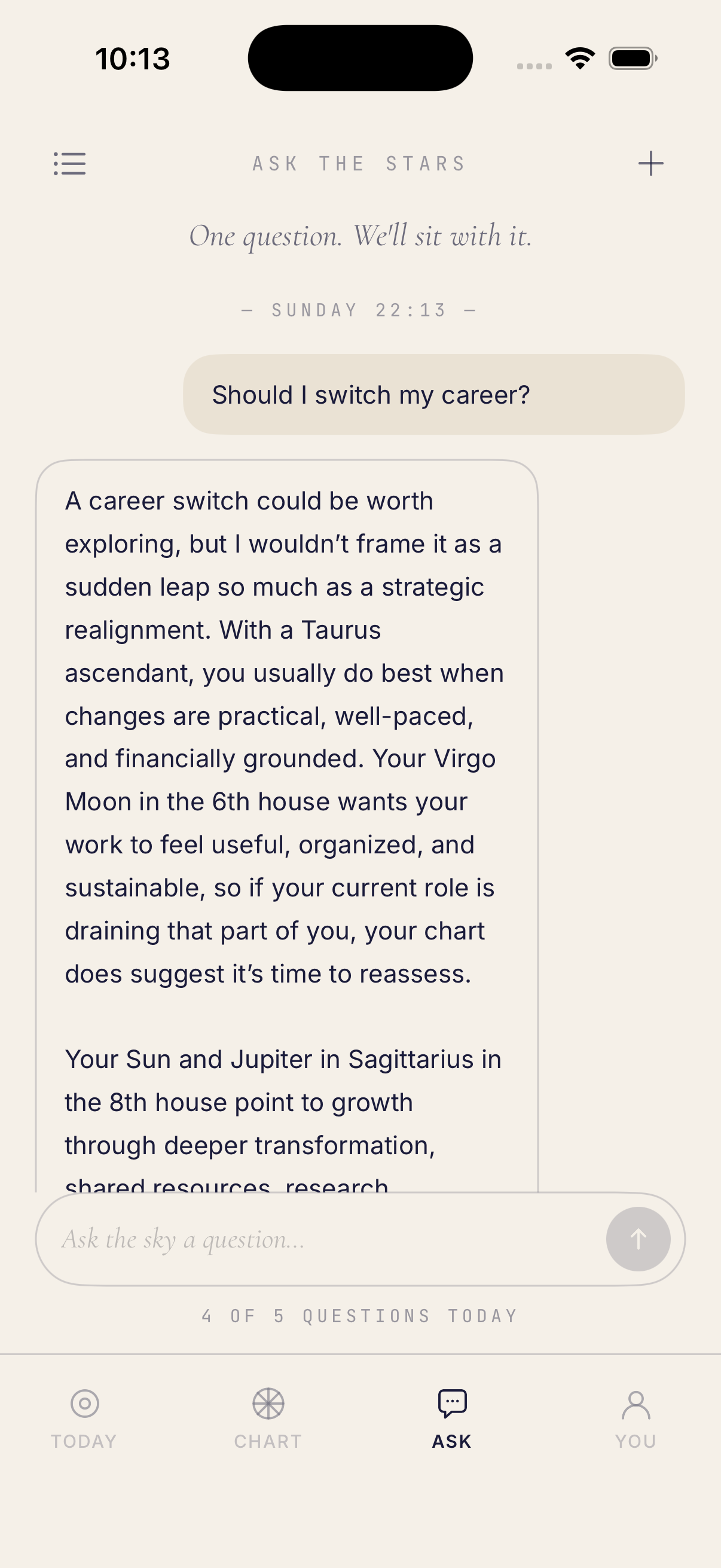 Celestial Ask screen answering a career question