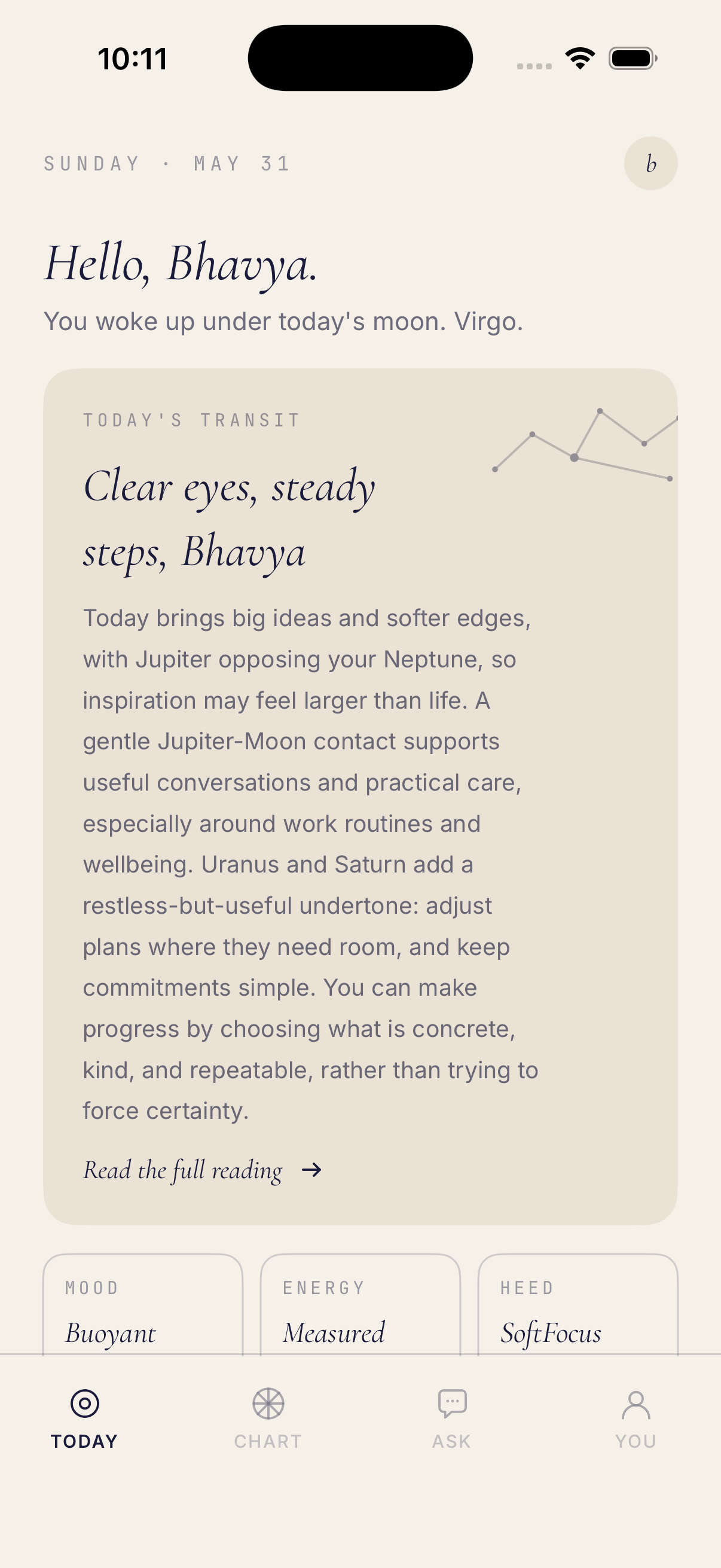 Celestial Today screen with a daily transit reading
